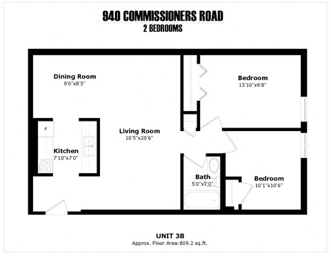Floor plan for 2 beds, 1 bath, 812 sqft